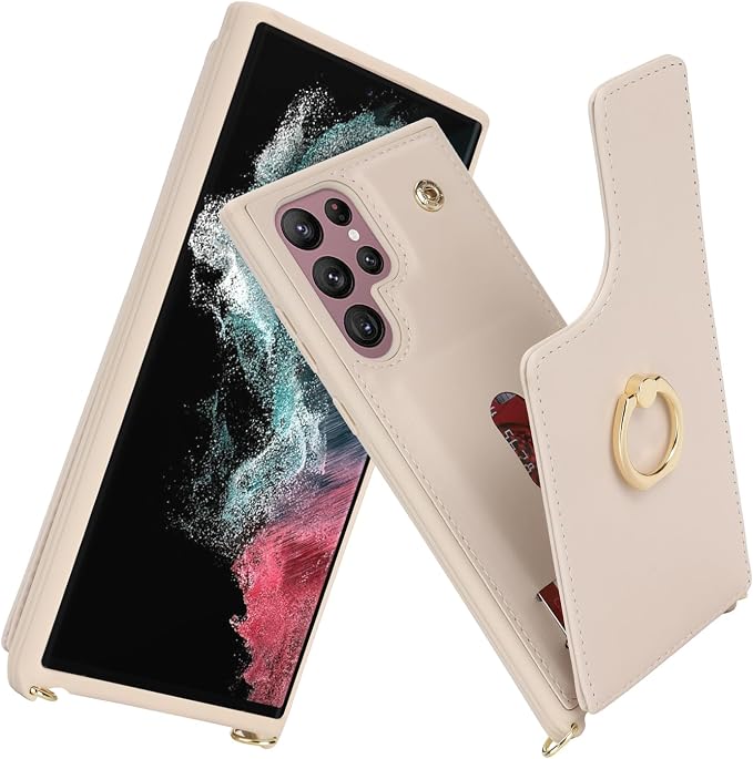 Lipvina for Samsung Galaxy S22 Ultra Case with Card Holder and Strap for Women,Crossbody Lanyard,RFID Blocking,Stand Ring Kickstand,Snap Clasp,Phone Wallet Cases 6.8 inch(Beige)