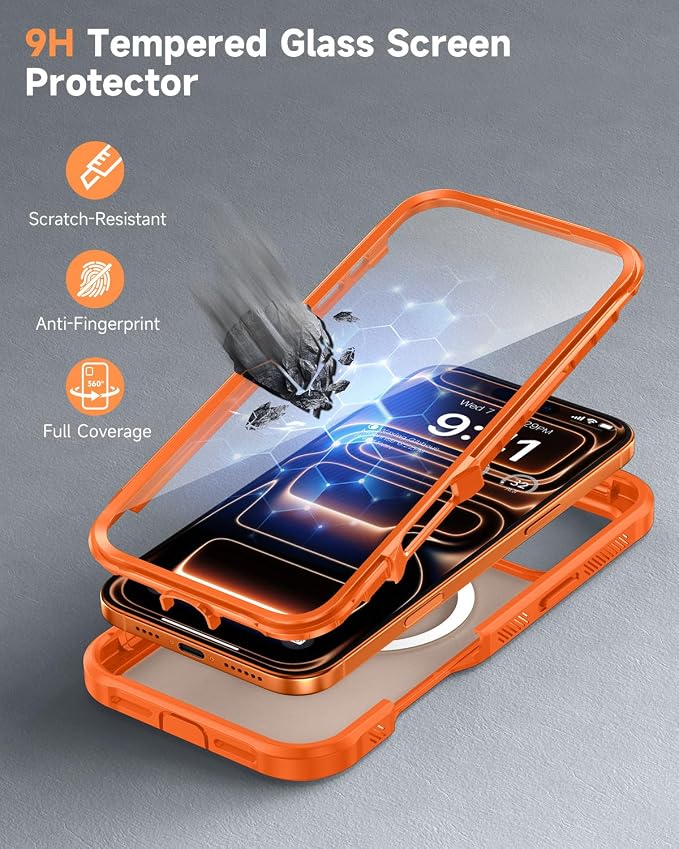 seacosmo for iPhone 17 Pro Max Case, Full Body Bumper with Built-in Tempered Glass Screen and Camera Lens Protector, Compatible with MagSafe, Shockproof 17 Pro Max Phone Case, 6.9", Orange Matte