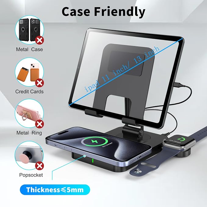 3 in 1 Wireless Charger for Apple Charging Station for iPhone Mag safe Charger for iPhone 17 Pro Max/16/15/14, Foldable Watch for Apple Watch 10/9/8/7, Rotating Stand for iPad Charging Station (black)