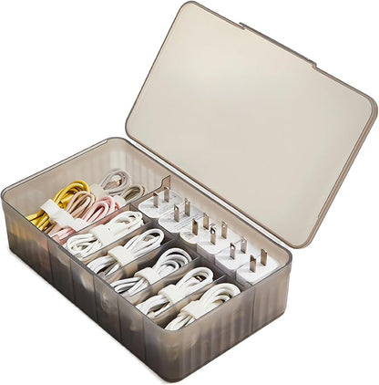 Cable Organizer Box Extra Wide, Travel Charger Cord Earphone Storage Case with Lid (Translucent Black)