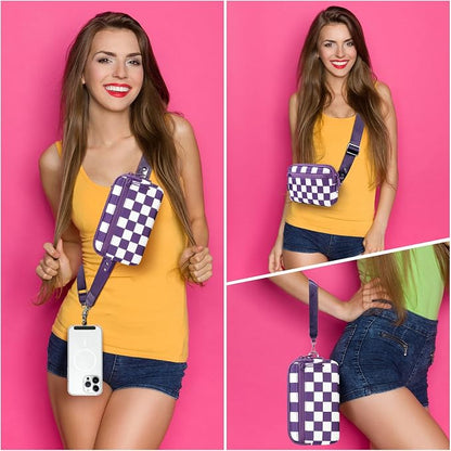YFWE Clip and Go Strap for Phone with Wallet Crossbody, Adjustable Phone Lanyard with Detachable RFID Wristlet Wallet, Phone Strap with Phone Tabs for All Phones, Purple Checkered (L)