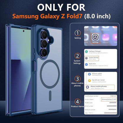 Pilaru for Samsung Galaxy Z Fold 7 case [Compatible with Magsafe] Translucent Matte Magnetic Phone Case,Slim Thin Duty Shockproof Protection Cover with 2pc HD Screen Protector for Z Fold 7-Dark Blue