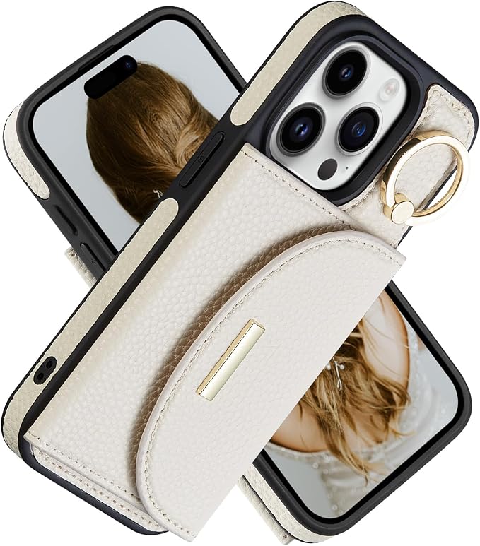 Keallce Wallet Case for iPhone 15 Pro 6.1'', Flip Case with Card Slots, Ring Holder Kickstand, PU Leather Protective Folio Cover for Women, Beige