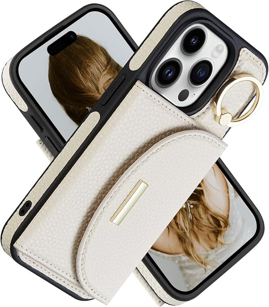 Keallce Wallet Case for iPhone 15 Pro 6.1'', Flip Case with Card Slots, Ring Holder Kickstand, PU Leather Protective Folio Cover for Women, Beige