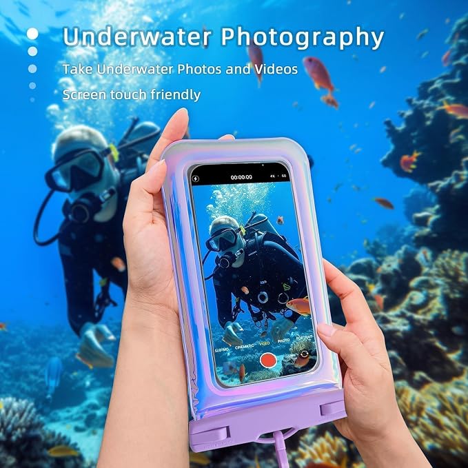 Floatable Waterproof Phone Pouch Case 2 pcs for iPhone 17 16 Pro Max/15/14, IP68 Travel Cellphone Dry Bag Beach Cruise Ship Essential Bag with Crossbody Lanyard, Iridescent Blue and Purple-7″