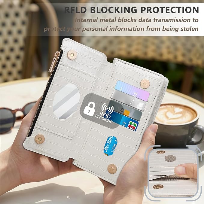 Crossbody Wallet Case for iPhone 17 Pro Max with Mirror, Wrist Strap, Detachable Zipper Purse, Magnetic Flip RFID Blocking Card Holder, Wireless Charging Case 6.9" Women (Textured White)