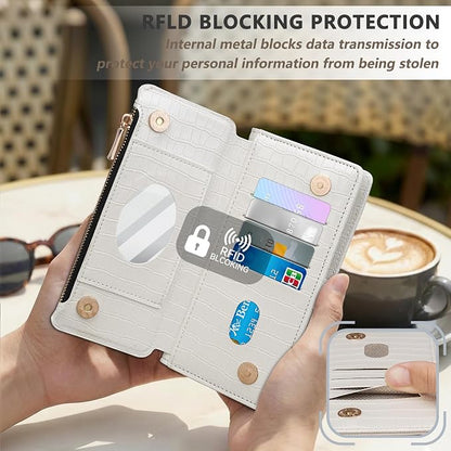 Crossbody Wallet Case for iPhone 17 Pro Max with Mirror, Wrist Strap, Detachable Zipper Purse, Magnetic Flip RFID Blocking Card Holder, Wireless Charging Case 6.9" Women (Textured White)