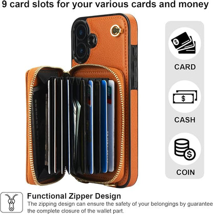 Bocasal Crossbody Wallet Case for iPhone 16 Plus, RFID Blocking Leather Purse Case with Card Holder, Protective Handbag Flip Cover with Zipper Wrist Strap Lanyard for Women 5G 6.7 Inch (Brown)
