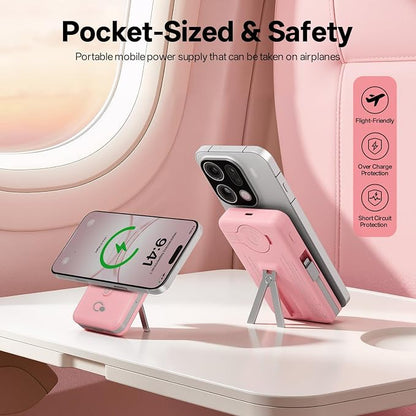 Q Magnetic Wireless Portable Charger 10,000mAh, Travel Essentials Power Bank with Built-in Cables & Foldable Stand, External Battery Pack Compatible with iPhone 17/16/15/14/13/12, Apple Watch