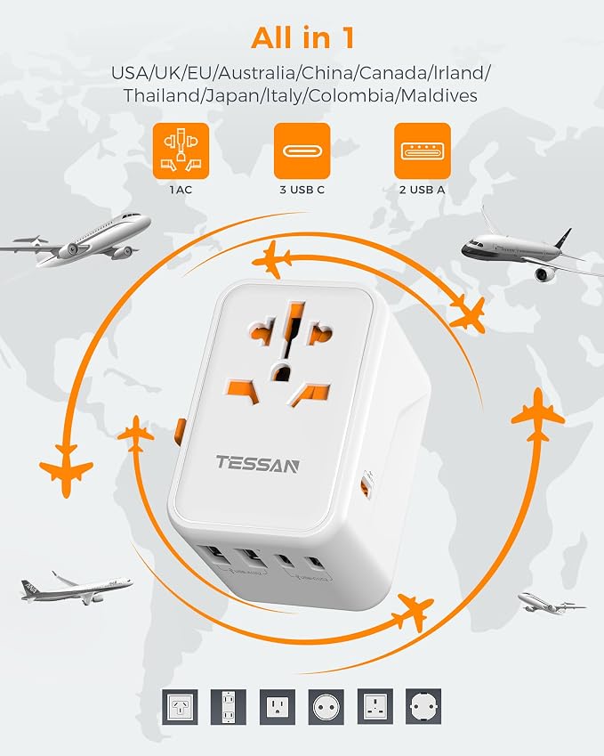 TESSAN Universal Travel Adapter, GaN 65W | 3 USB C Ports, 2 USB A Ports, Type C/G/A/I, European USA UK Australia Ireland