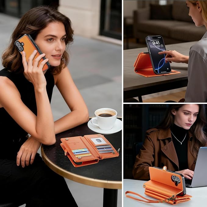 Strapurs for iPhone 17 Detachable Wallet Case Compatible with Magsafe for Women, RFID Blocking 9-Card Holder Zipper Wrist Strap Lanyard PU Leather Magnetic Phone Case for iPhone 17 6.3", Orange