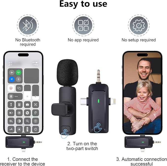wireless lavalier microphone, suitable for iPhone/Android phones/cameras/computers/four in one lavalier microphone, suitable for video and audio recording, TikTok, etc., with microphone Bags, black