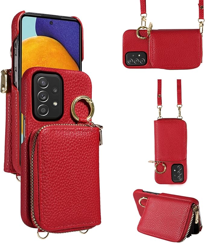 Wallet Case for Samsung Galaxy A52/A52S 5G with Shoulder Strap Ring Buckle, PU Leather Zipper Organ Purse, Credit Card Holder Stand Cell Phone Cover for A 52 S 4G G5 52A S52 52S Women Men Red