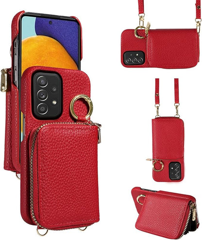 Wallet Case for Samsung Galaxy A52/A52S 5G with Shoulder Strap Ring Buckle, PU Leather Zipper Organ Purse, Credit Card Holder Stand Cell Phone Cover for A 52 S 4G G5 52A S52 52S Women Men Red