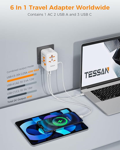 TESSAN Universal Travel Adapter, GaN 65W | 3 USB C Ports, 2 USB A Ports, Type C/G/A/I, European USA UK Australia Ireland