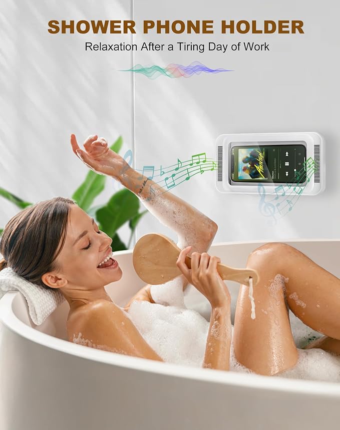 Upgraded Shower Phone Holder Waterproof with Speaker Hole Screentouch Shower Phone Stand Case Mount for Bathroom Bathtub Kitchen Wall Mirror for iPhone1716 15 14 13 12 11 Pro XS XR Max (White)