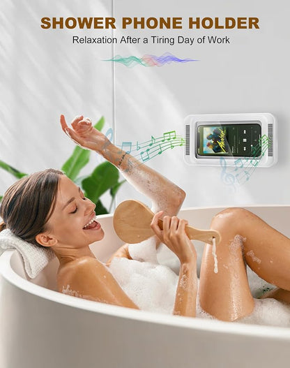 Upgraded Shower Phone Holder Waterproof with Speaker Hole Screentouch Shower Phone Stand Case Mount for Bathroom Bathtub Kitchen Wall Mirror for iPhone1716 15 14 13 12 11 Pro XS XR Max (White)