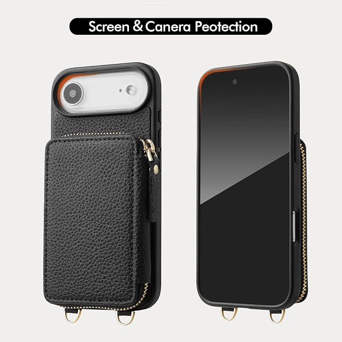 ZVE for iPhone Air Wallet Case with Card Holder, Zipper Crossbody Purse with Wrist Strap for Women 6.5" Black