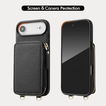 ZVE for iPhone Air Wallet Case with Card Holder, Zipper Crossbody Purse with Wrist Strap for Women 6.5" Black