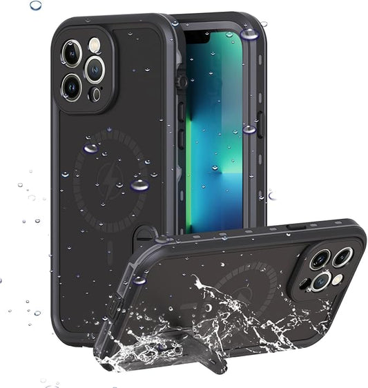 Omio for iPhone 13 Pro Max Waterproof Case Compatible with MagSafe, Magnetic Full Body IP68 Shell with Built-in Screen Protector Military Grade Shockproof Cover with Stand for Men Women Black