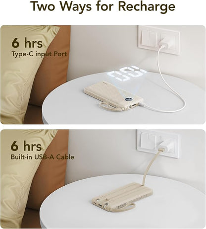 VRURC Portable Charger Power Bank,10000mAh Travel Essentials Battery Pack, 5 Outputs 2 Inputs Slim USB C Charging Bank Built-in Cables Cords for iPhone 17 16 15 13,Samsung,Android-Light Coffee(1 Pack)