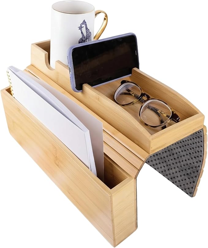 Bamboo Couch Cup Holder Tray, Couch Armrest Table with Side Storage Pocket and Phone Holder, Non-Slip Couch Caddy Tray for Drinks, Snacks, Remote and Phone