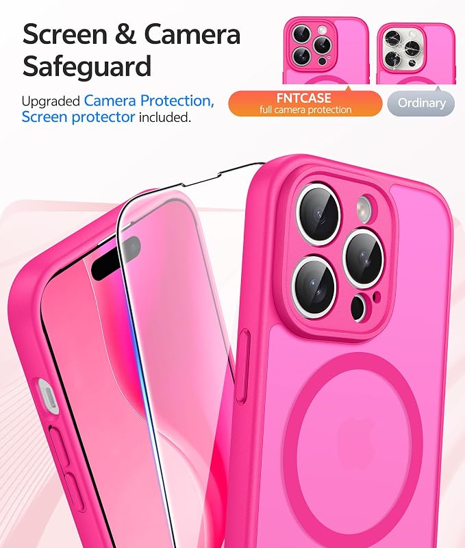 FNTCASE for iPhone 14 Pro Max Case: [Compatible with Magsafe] Translucent Matte Cases with [Full Camera Protection] [Screen Protector] Military Grade Shockproof Protective Phone Cover - Hot Pink