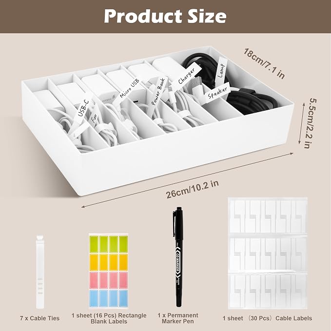 Cable Organizer Box with Wire Ties and Labels, Charger Cable Cord Storage Organizer with Adjustable Compartments, Desk Accessories Storage for Home, Office, Stackable（2Pcs）