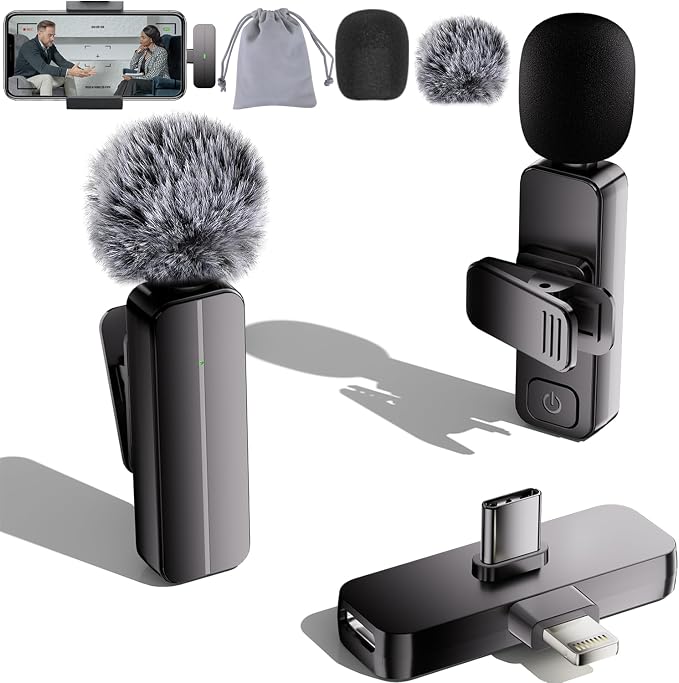 2-Pack Wireless Mini Lavalier Lapel Microphone for iPhone,Android Phone(2 in 1) - 65ft Cordless Clip on Dual Mics with Noise Reduction 6H Working Time for Video Recording Vlogging, YouTube
