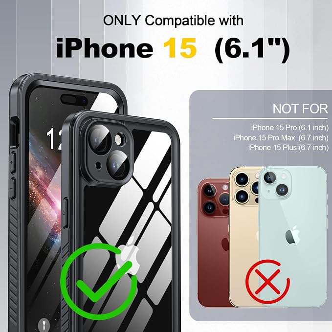 for iPhone 15 Case Waterproof - Built-in Privacy Screen Protector & HD Screen Protector [IP68 Underwater] Shockproof Dustproof Full Body Protection iPhone 15 Phone Case Black