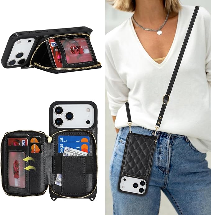 Crossbody Wallet Case for iPhone 17 Pro Max, PU Leather Zipper Handbag Purse Flip Cover, Kickstand Folio Case with Card Slots Holder Wrist Strap Lanyard 5G 6.9 Inch-Black