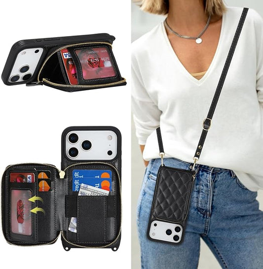 Crossbody Wallet Case for iPhone 17 Pro Max, PU Leather Zipper Handbag Purse Flip Cover, Kickstand Folio Case with Card Slots Holder Wrist Strap Lanyard 5G 6.9 Inch-Black