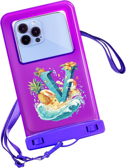 Personalized Initial Waterproof Phone Pouch Case - IPX8 Cellphone Dry Bag with Lanyard for iPhone 16/15/14/13/12 Pro Max (6.1–6.9"), Beach & Cruise Ship Essentials with Monogrammed Design (Purple, V)
