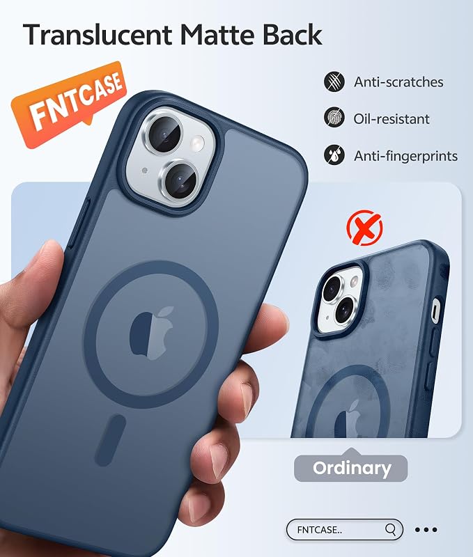 FNTCASE for iPhone 15 Case: for iPhone 14 & iPhone 13 Case [with Screen Protector] Magnetic Translucent Matte | Military Grade Drop Protection | Shockproof Phone Cover Protective Cases - Blue