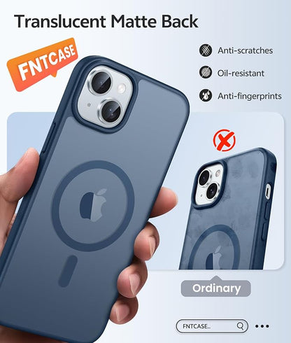 FNTCASE for iPhone 15 Case: for iPhone 14 & iPhone 13 Case [with Screen Protector] Magnetic Translucent Matte | Military Grade Drop Protection | Shockproof Phone Cover Protective Cases - Blue