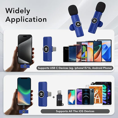 USB C Mini Wireless Lavalier Microphone for iPhone 15 16, iOS and Android Devices - Noise Reduction Lapel Mic for Recording, Clip Omni Lav Mic for Video Recording, Tiktok, Youtube, Vlog (Blue)