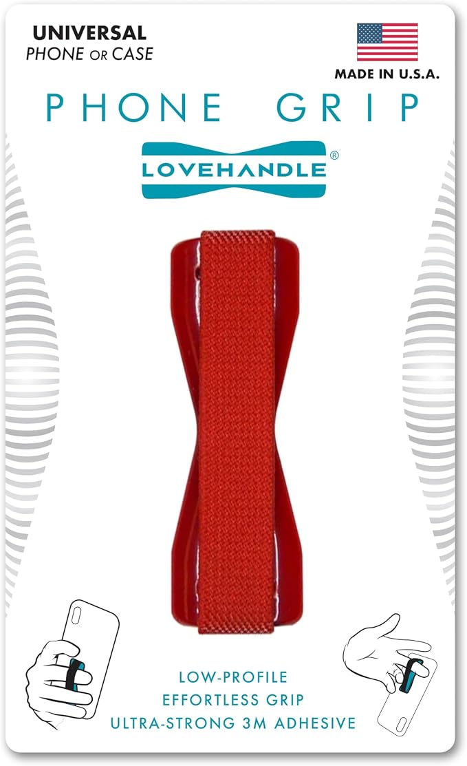 LOVEHANDLE Universal Phone Grip for Smartphones & Mini Tablets - Phone Holder for Hand - Wireless Charging Compatible - Made in The USA - Solid Red