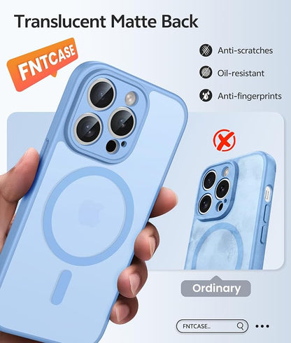 FNTCASE for iPhone 14 Pro Case: [Compatible with Magsafe] Translucent Matte Cases with [Full Camera Protection] [Screen Protector] Military Grade Shockproof Protective Phone Cover - Light Blue
