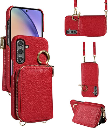 Wallet Case for Samsung Galaxy A54 5G with Shoulder Strap Ring Buckle, Luxury PU Leather Zipper Flip Organ Purse, Card Holder Stand Full Body Phone Cover for A545G A 54 54A 4G G5 SM A546U Red