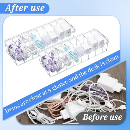 3 Pcs Cord Organizer Box with Lid, 10.8 x 3.7 x 2.4 Inch Clear Plastic Cable Organizer Box with 30 Cable Ties Adjustable Charger Storage Boxs for Home, Office, Drawer, Desktop Organization