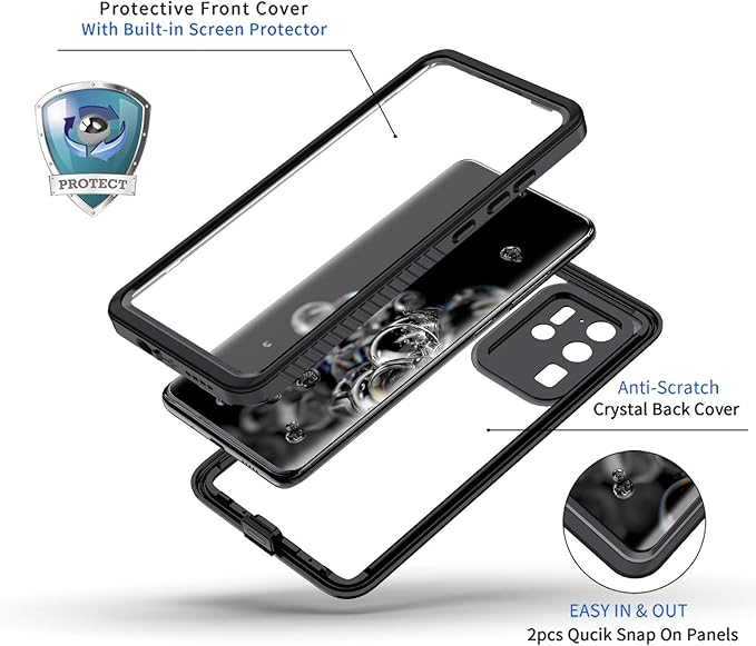Lanhiem for Samsung Galaxy S20 Ultra Case, IP68 Waterproof Dustproof with Built-in Screen Protector, Heavy Duty Full Body Protective Phone Case for Samsung S20 Ultra 5G, Black/Clear