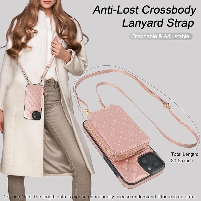Bocasal Crossbody Wallet Case for iPhone 14 Plus, RFID Blocking PU Leather Zipper Handbag Purse Flip Cover, Kickstand Folio Case with Card Slots Holder Wrist Strap Lanyard 5G 6.7 Inch (Rose Gold)