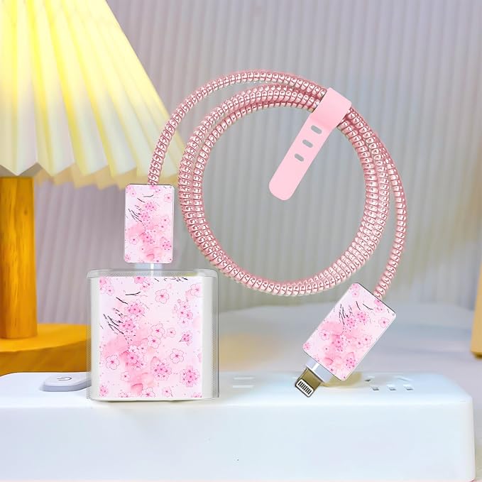 Phone Charger Case Storage Set with Cherry Blossom Cable Protector with Carrying Cable Case Bag,Cord Organizer, USB Earphone Wire Saver Organizer Charger Protector for iPhone (Pink Cherry Blossom)
