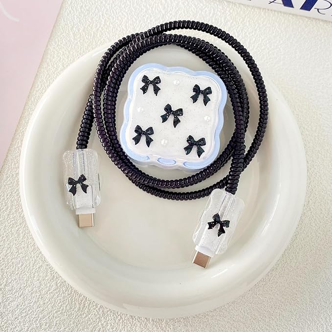 Charger Protective Set, Compatible with Apple 40W Dynamic Power Adapter (with 60W Max), DIY 3D Bowknot Wave Transparent Flexible TPU Charger Case + Spiral Data Cable Protector, Black Bow(5in1)