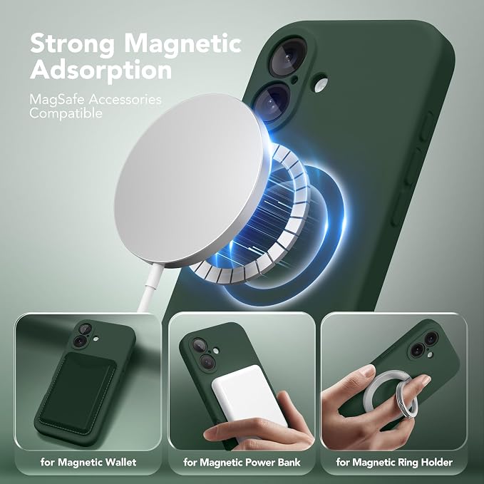 Magnetic for iPhone 16 Plus Case, Compatible with MagSafe, [Full Camera Protection][Screen Protector] Silicone Shockproof Protective Phone Case for iPhone 16 Plus 6.7", Alpine Green