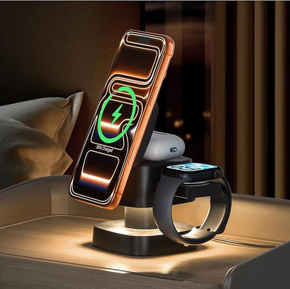 【2026 Upgraded】4 in 1 Wireless Charger, 3 in 1 Wireless Charging Station with Night Light for MagSafe Charger, 15W Magnetic Travel Stand for iPhone17/Air/Pro/Max/16/15/14, Apple Watch, Airpods (Black)