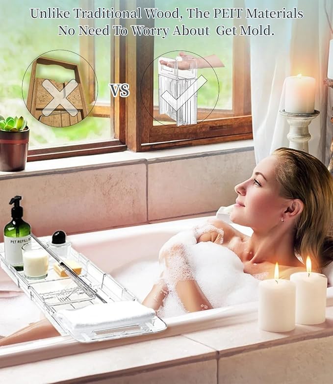 Bathtub Caddy Tray,Adjustable Bathtub Tray Table, Bath Organizer for Relaxing Spa-Features 2 Cup Holders, A Phone Stand with 5 Angle Adjustments,Non-Slip Silicone Pads,Won't Get Moldy,Easy to Clean.