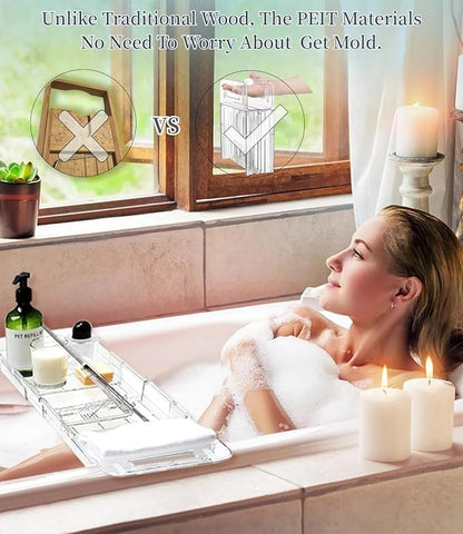 Bathtub Caddy Tray,Adjustable Bathtub Tray Table, Bath Organizer for Relaxing Spa-Features 2 Cup Holders, A Phone Stand with 5 Angle Adjustments,Non-Slip Silicone Pads,Won't Get Moldy,Easy to Clean.