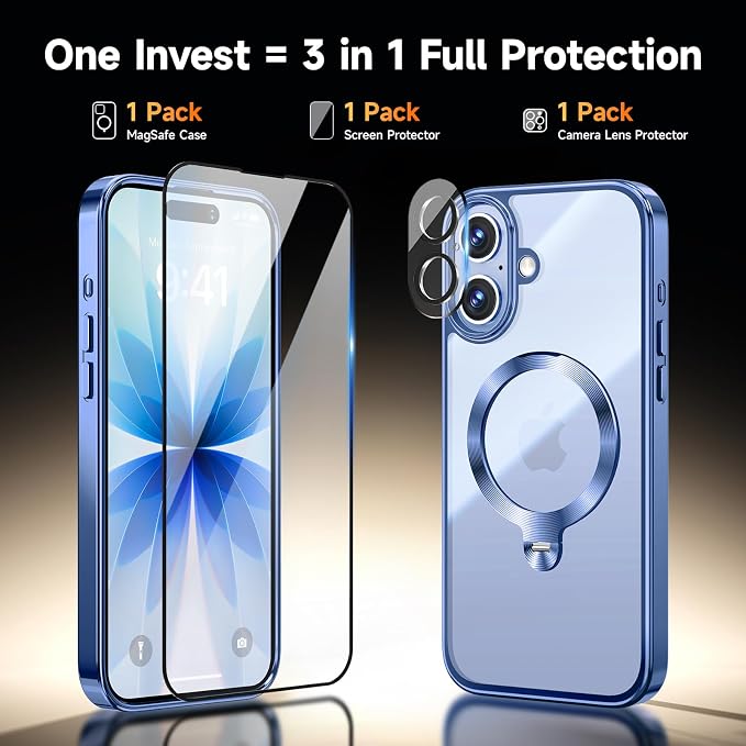 [Tri-Shield Protection] for iPhone 17 Case with 360° Spin Stand Compatible with MagSafe [Magnetic CD Ring] [Screen & Camera Lens Protector] Shockproof Plating Never-Yellowing, Blue-6.3"