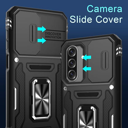 DEERLAMN Case for Samsung Galaxy A17 5G with Slide Camera Cover+Screen Protector (1 Pack), Rotated Ring Kickstand Military Grade Shockproof Protective Cover-Black